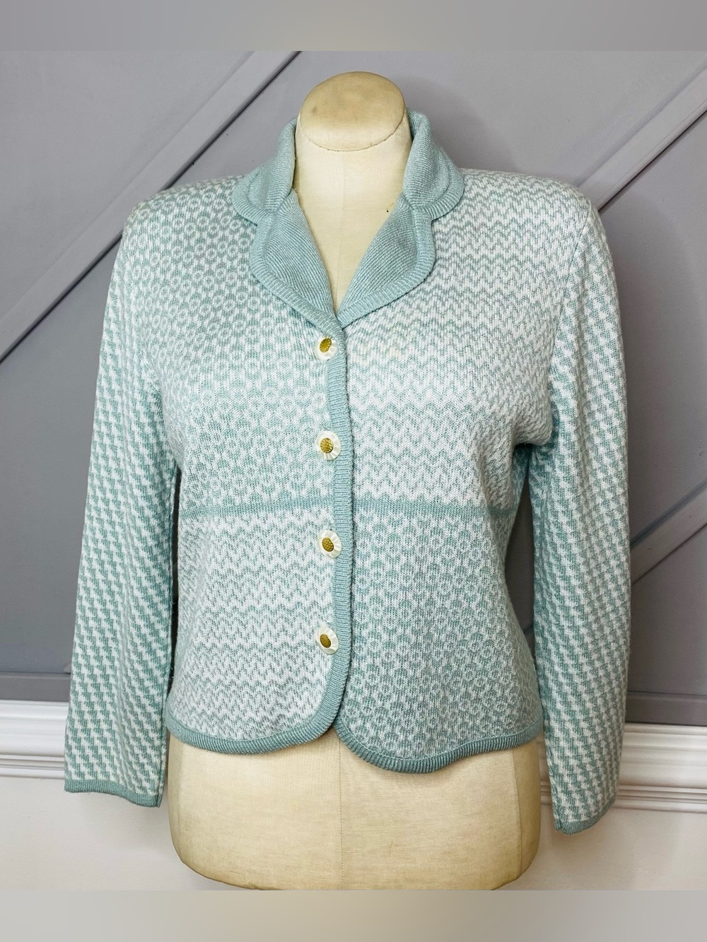 Vintage Ami Knits Sage Green Chevron Geometric Knit Blazer Cardigan Jacket M